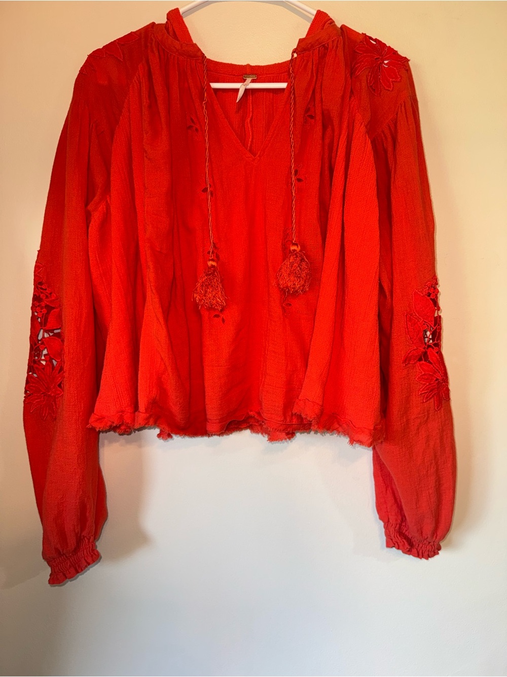 Free People Orange Peasant Blouse Hooded Lace Sleeves Tassel Tie Size S